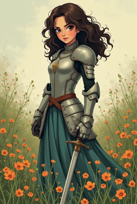 Brunette girl,  with dark brown curly hair, with armor.  standing in a field of flowers ,  anime style ,   drawing style keep the same design but not as colorful, Candy Candy  (anina) and have a sword 