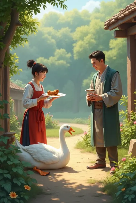 
"A one-legged goose resting on one leg, its head tucked under its wing. Nearby, a cook nervously holds a plate with a missing drumstick, while the master looks puzzled and questions him. The scene is set in a peaceful countryside with soft sunlight and a ...