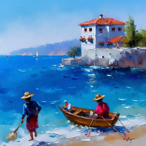  Painting made with a spatula , FIRST WORK,  two fishermen on the beach next to the boat with fishing nets in their hands, On a sunny afternoon, In the background a house on the rock by the sea with small colorful flowers in flower boxes.