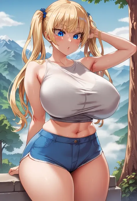 score_9, score_8_consolation, score_7_consolation, source_ Japanese cartoon movie, Perfect quality, perfect anatomy , masterpiece, top quality , masterpiece, ultra detail, ( huge boobs), ( wide hips, thick thighs, gaining weight ), outdoors, tree, mountain...