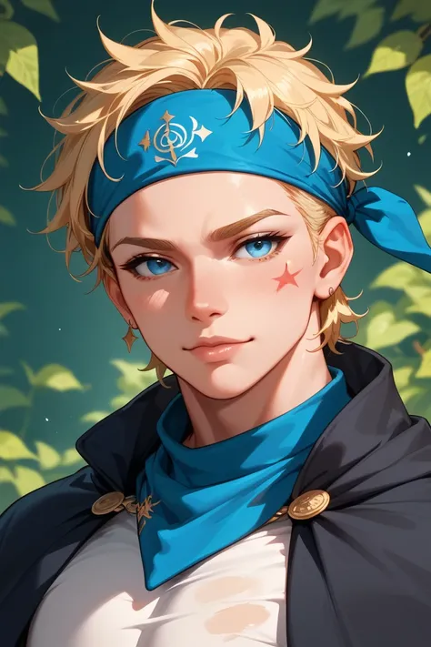 messy blonde hair, with bangs that fall over his forehead.
His eyes are a light and striking blue.
His eyes are a light and striking blue.
has three distinctive whisker marks on each cheek,
an athletic and muscular build due to his training
He wears a band...