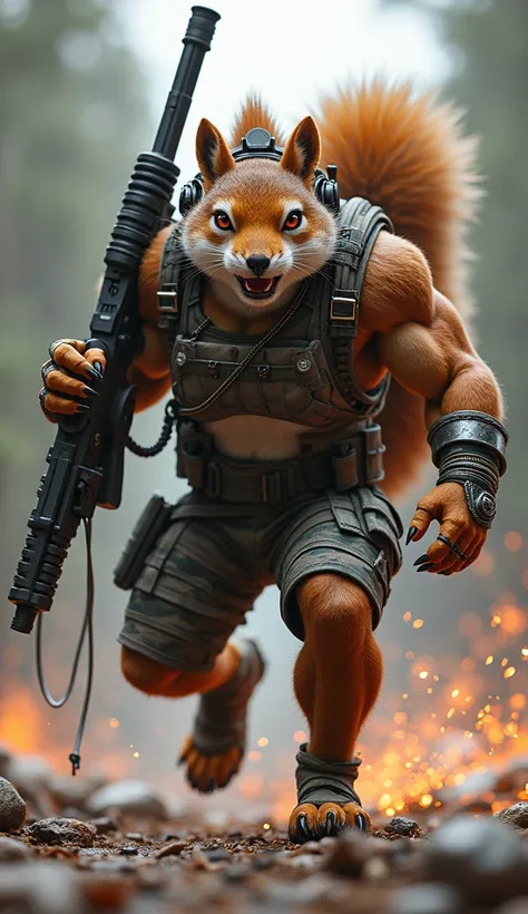 Imagine a ferocious hybrid of an army soldier and a squirrel, dashing forward with explosive energy. The creature has a muscular body covered with sleek, fur-like skin, a bushy tail coiled with tension, and sharp claws ready for combat. Standing tall like ...