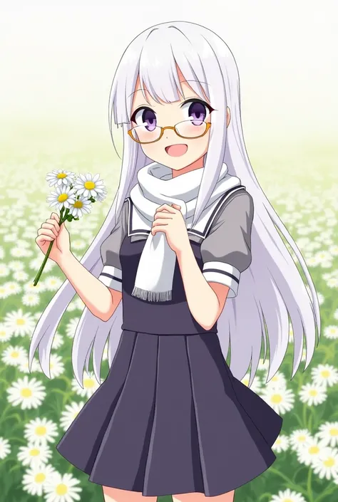 A long-haired, white-haired woman with bangs, wearing thin glasses, a frame of white glasses, purple eyes, wearing a school dress, a knee-length skirt, with a slightly flared skirt, the background is a flower field, holding daisies in her hands, not smilin...