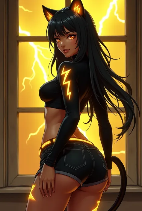 ((Electric Type)) ((Extremely Detailed curvy thick slim fit figure)) ((Extremely Detailed window with Yellow thunderstorm in the background)) ((Extremely Perfect Detailed round sexy Booty)) ((Extremely Detailed big beautiful beast)) ((Extremely Detailed Be...