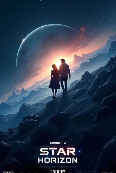 A poster of a science fiction film in space called Star Horizon with Brad Pitt and Angelina Jolie in English release date June 3rd in large, Play in the name of the actors and the director is Josué Tapia