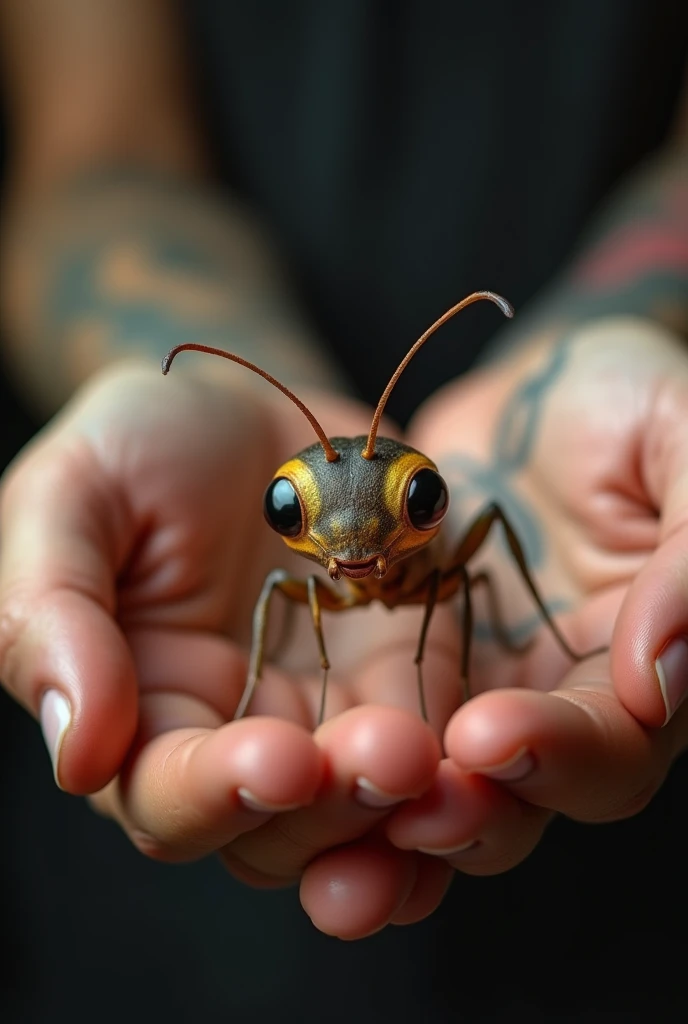 A Close up view a small, cute Ant sitting in the palm of tattooed hand. The animal has exaggerated large eyes and small features giving it a cartonish unlearning appearance. The animal is soft and dramatic with a background that emphasizes the Details of t...