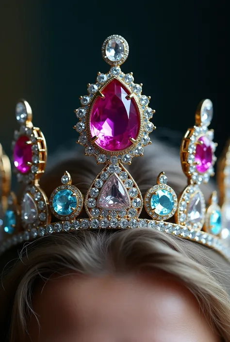 Create a queens crown in your surroundings, have small white aquamarines and right on top of the crown, as the main jewel, a pink emerald in the shape of a drop.