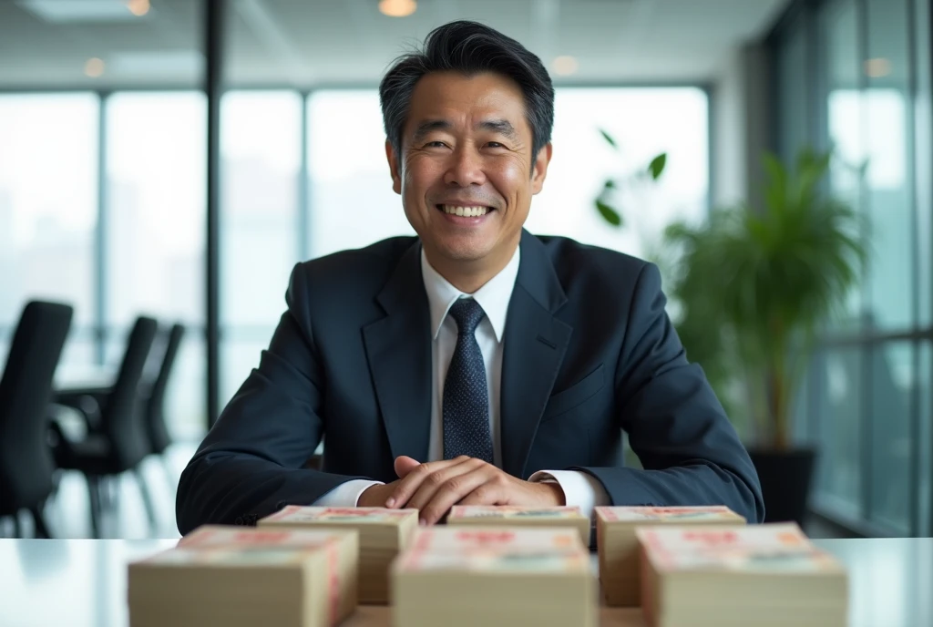 a realistic photo of a successful Japanese businessman smiling confidently while sitting in front of a table stacked with bundles of Japanese yen banknotes. The businessman is wearing a sleek suit and tie, with a look of satisfaction and accomplishment. Th...