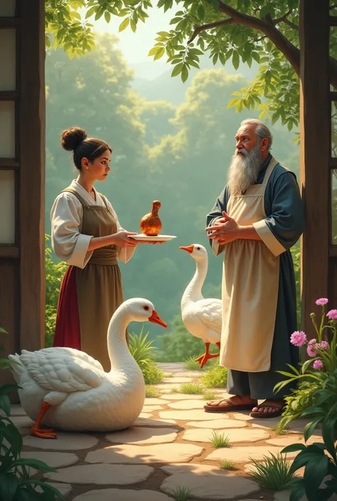 
"A one-legged goose resting on one leg, its head tucked under its wing. Nearby, a cook nervously holds a plate with a missing drumstick, while the male old master looks puzzled and questions him. The scene is set in a peaceful countryside with soft sunlig...