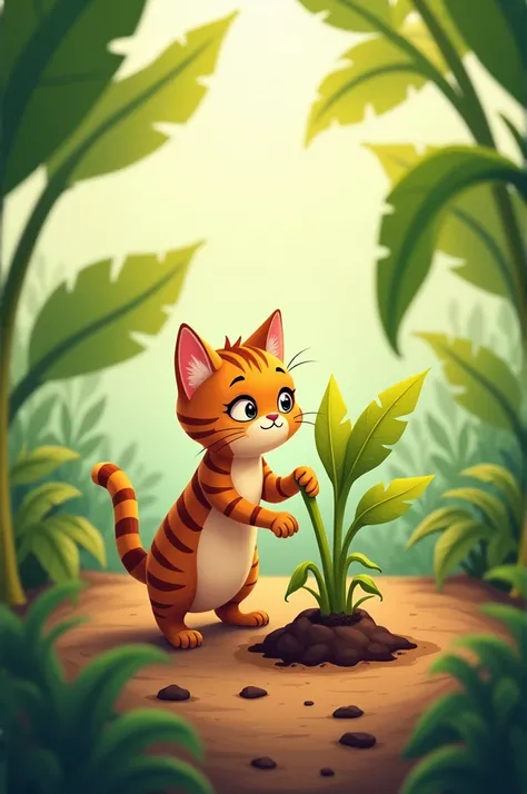 Cat planting banana tree