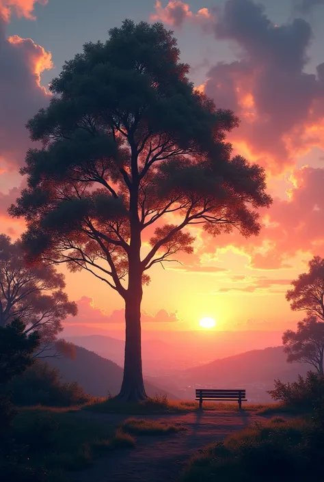 a tree, with the sunset in the background in a hidden place with a bench with a view of another town in the background, No building without so much forest , Without so much field 
