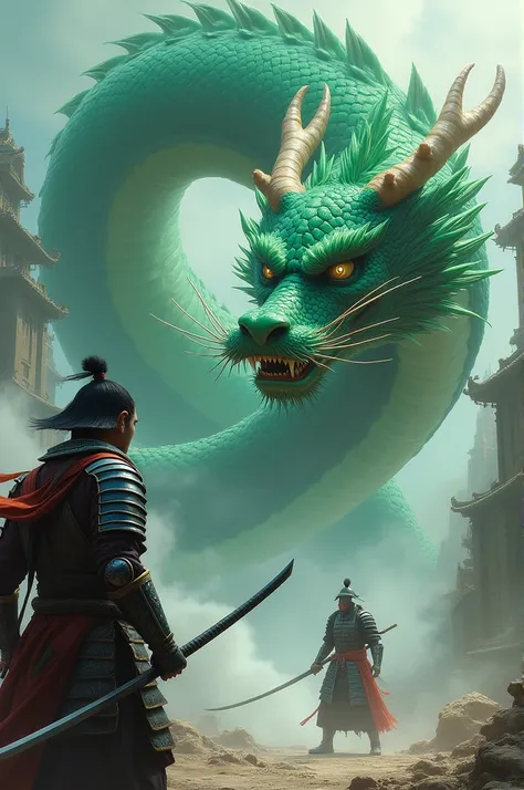 Make a huge green Chinese dragon and below it a samurai staring at the dragon and the dragon staring at it