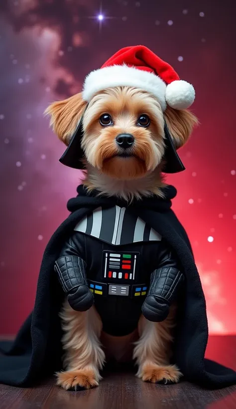 "A small, fluffy dog standing on its hind legs, wearing a detailed Darth Vader costume, including a black helmet, cape, chest panel with buttons, gloves and a red Santa hat. The dogs expression is serious and commanding, resembling the Sith Lord. The backg...