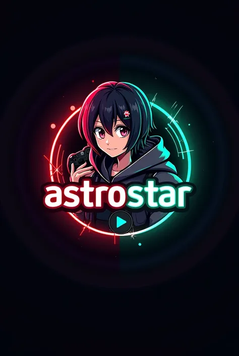 This is a gaming logo that features the name "Astrostar  " in a futuristic font and a neon red and green color. and Boy Anime avtar, The logo also has a stylized controller icon and a YouTube play button in the background. The logo is designed to be attrac...