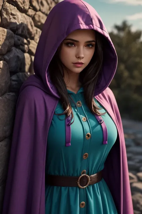 pink dress sheila, purple cover, blue buttons , aqua band, ,  hoodie over the head ,  stone wall background,  hoodie over the head , hooded cape,  upper body,  cinematic lighting, 8k