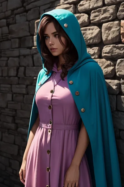 pink dress sheila, purple cover, blue buttons , aqua band, ,  hoodie over the head ,  stone wall background,  hoodie over the head , hooded cape,  upper body,  cinematic lighting, 8k