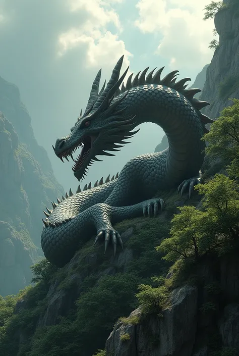 a majestic dragon sleeping on a mountainside, detailed scales, horns, claws, open mouth revealing sharp teeth, coiled body, sunlight filtering through clouds, lush green foliage surrounding the mountain, dramatic shadows and highlights, photorealistic, cin...