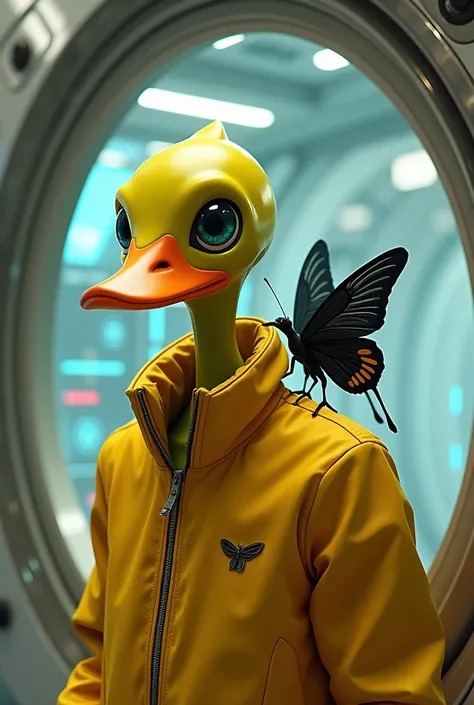 Male duck-headed alien wearing yellow jacket and his pet black butterfly on his spaceship 
