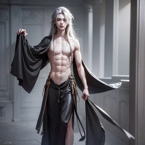 a 24 year old young man,  measures 1 ,80 meters,  of slim build .  He has pale skin that stands out with his eyes in a steely gray .  His hair is dark ,  shoulder length, generally messy .  He dresses eccentrically with accessories that look like ancient t...