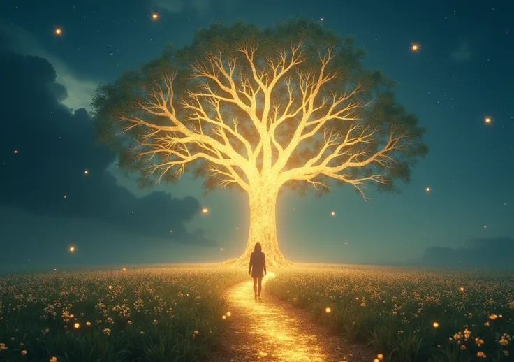 4. The Souls Journey
Prompt :  In an open field under the moonlight ,  a solitary figure walks towards a large illuminated tree ,  whose branches extend like divine arms .  The tree emits a soft, golden light ,  and around them float small orbs of light , ...