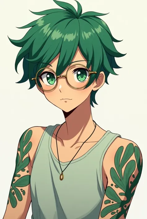 Draw an anime-style male character with round glasses, green hair and green tattoos on his arms