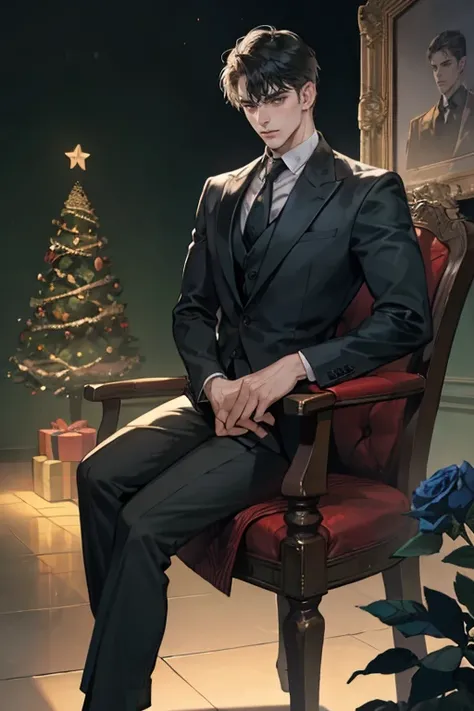 ((One young man with a black suit and tie)), gotham, alejandro, (((side swept dark short hair))), (dark green eyes and thick eyebrows), smirk, ((20 years old)), ((masterpiece)), posture dynamic, ((cinematic lighting)), (height tall around 5 foot 6), sittin...