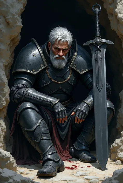 Create an image of a tall man around 24,  he is sitting on the floor of a cave leaning against the wall , hes badly bruised ,  the man wears a completely black and sturdy armor , With a scaly appearance ,  the only outside part is his head ,  a little bloo...