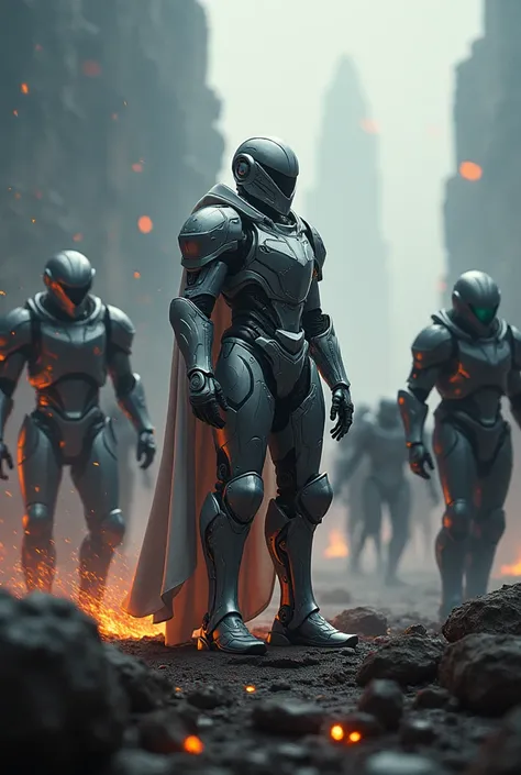 An aerial shot of the battlefield reveals swarming alien troops closing in on the robot knight. The contrast of the knights bright, polished armor against the dark, sinister alien figures emphasizes his solitary bravery in the face of overwhelming odds. Fu...