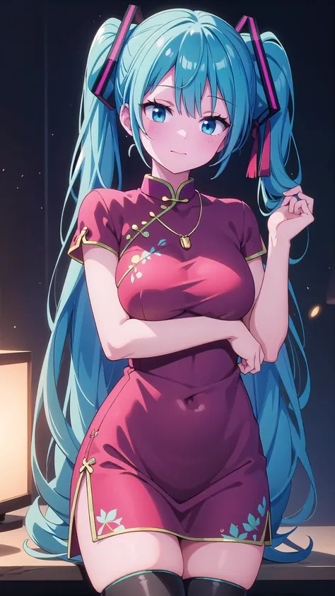 最 High Quality , masterpiece,  high definition ,  1 girl,  Hatsune Miku VOCALOID , twintail, Aquablueeyes, Aquabluehair,  China Dress , Black tights, Chinese architect background,  hair ornament, necklace, gem, beautiful face,On top of that_body, tyndall e...