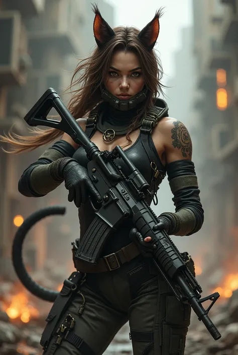 Brunette woman wearing battle masks,  with cats ears and tail holding an assault rifle
