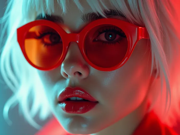  taken with Canon EOS R5, 75mm lens., Close-up of a beautiful woman wearing red lipstick, white hair，sunglasses，Cyberpunk，style=Retro-futuristic fashion, Movie《Blade Runner》Stills, Moebius Aesthetics, Depicted as a science fiction scene