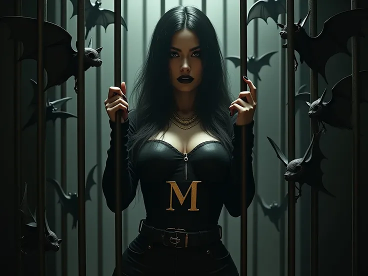  model woman who has the letter M on her clothing, has large breasts , She is in a Cage with Bats 