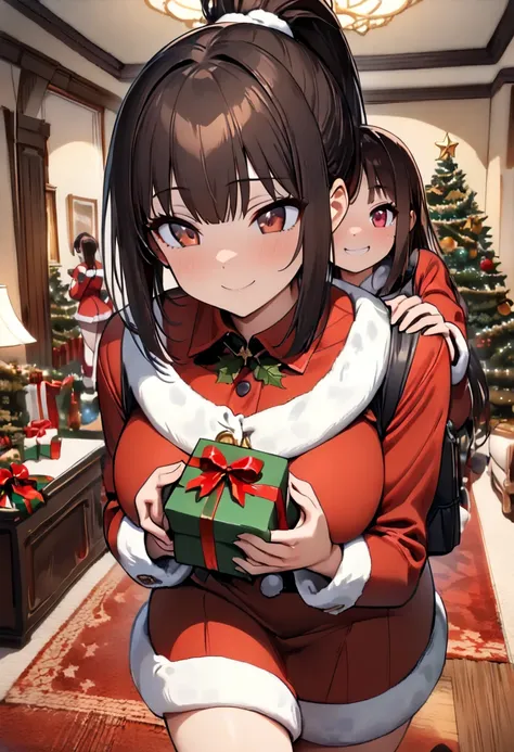 (  Masterpiece ,   top quality:1.2), One anime girl , (((Alone))),   Expressive Eyes , sexy Santa girl costume, (((Dark-haired ponytail ))). ((( straight hair))), (smile), (((Reddish brown eyes))), ((( Perfect Face Girl Walking With Her Student Bag On Her ...