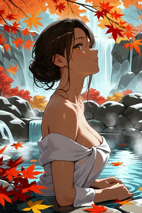 A woman is relaxing in a hot spring,sexy,looking at viewer,20generation,Im looking up at the moon,autumn leaves,Put a towel over your hair, a beautiful light of inspiration,sexy pose,Graceful water flow,Pleasant atmosphere,Quiet and calm background,masterp...