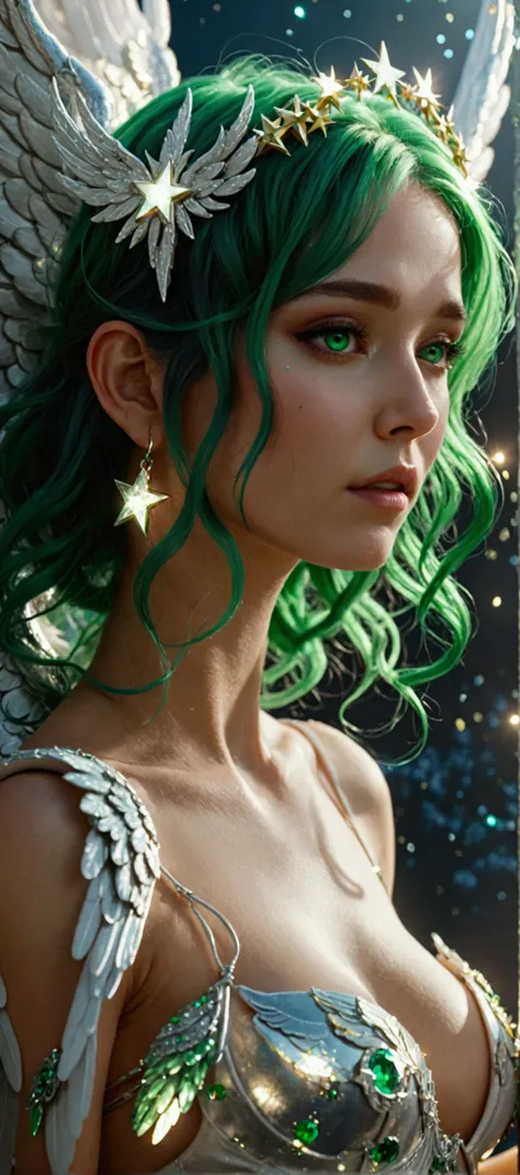 AN ANGEL WITH BEAUTIFUL WINGS LIKE STARS WALKS ON THE SILVER MOON.(Detail,  green hair, breasts, make-up, shy, panorama, bright light, Luz de reflejo, 8k octane, 