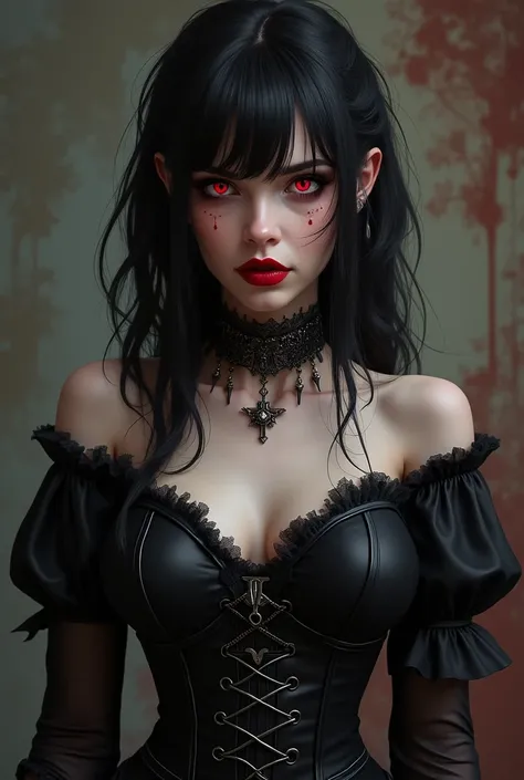  goth woman with red eyes and black leather corset posing for a photo, a portrait of a character inspired by Anne Stokes ,  Trend at Artstation , Gothic art, beautiful reina vampire,  beautiful female vampire queen ,  Fantastic Art , retrato de una dama va...