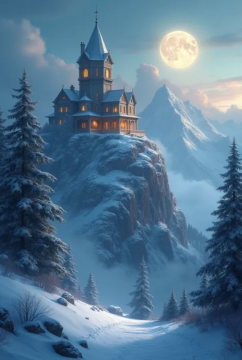 A book cover with a snowy mountain scene with a huge mansion at the top must be dusk with a full moon