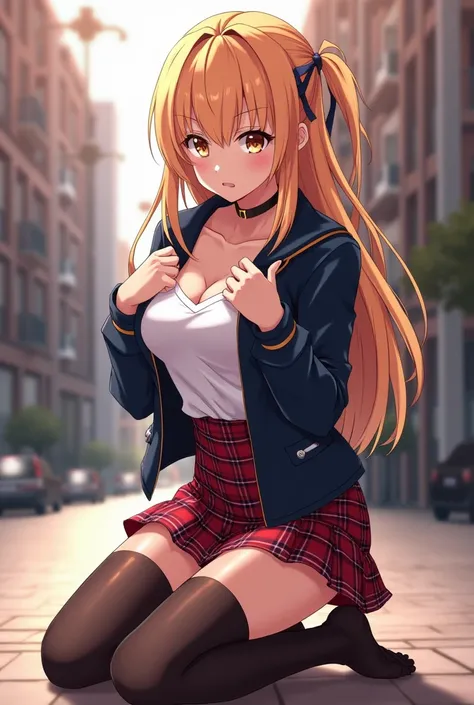 1girl,  nakiri erina, kneeling, thighhighs, navy thighhighs, jacket, plaid skirt, hands on breasts, outdoors, anime_screencap_erina