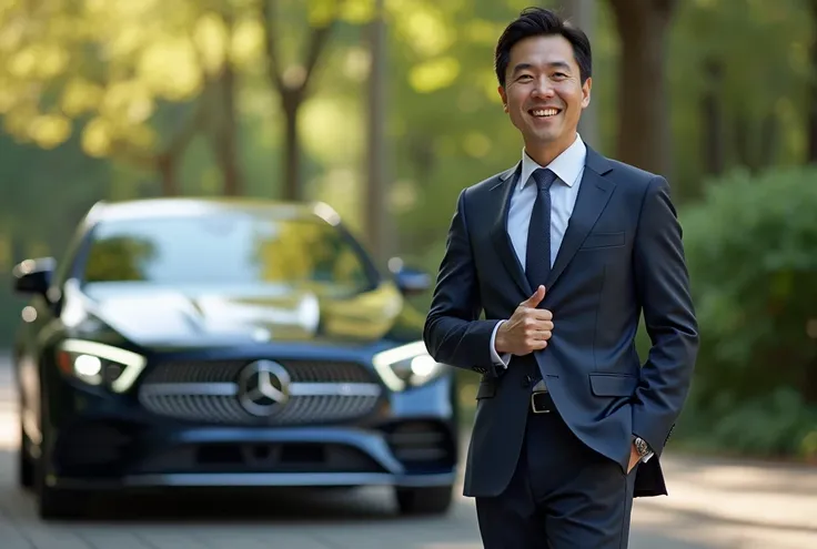 A realistic photo of a successful Japanese businessman proudly showcasing his Mercedes-Benz car. He is dressed in a sharp suit, smiling confidently while pointing at the car. The Mercedes-Benz is a modern luxury model, parked in an elegant outdoor setting ...