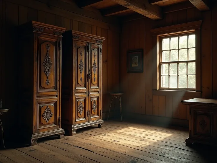 In the dark room, old wooden cabinets with fine patterns, medium size, located in the corner of the room in the wooden house. Realistic picture,Wide angle view