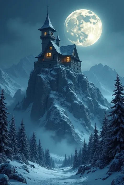 A book cover with a snowy mountain scene with a huge mansion at the top must be dusk with a full moon image should be dark and looks haunted