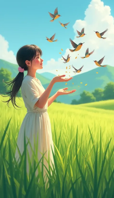 Beautiful smiling girl feeding birds in green rice field