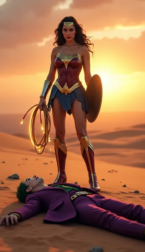 "Create a highly realistic and dramatic scene set in a vast desert at sunset, depicting the aftermath of an intense battle. Wonder Woman stands triumphantly in the center, her iconic armor glinting under the golden light. She holds her glowing Lasso of Tru...