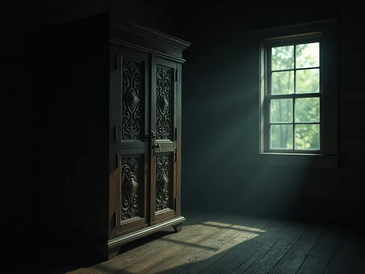 In a dark room with no light, an old wooden cabinet with fine patterns, of medium size, located in the corner of the room in a wooden house. Realistic picture,Wide angle view