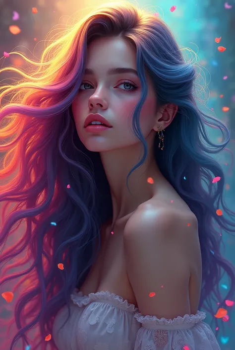 a painting of a woman with long hair and colorful hair, beautiful digital illustration, stunning digital illustration, gorgeous digital art, a beautiful artwork illustration, beautiful digital artwork, beautiful digital art, exquisite digital illustration,...