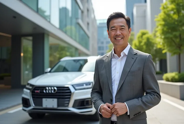 A realistic photo of a successful Japanese businessman wearing stylish casual attire, smiling happily while standing next to his personal Audi Q7 SUV. The man exudes confidence and a sense of accomplishment. The background features a modern urban environme...