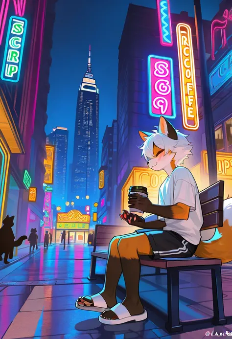 orange fox boy，furry， white hair， Black Shorts ， black cat paws，White sandals， has pink claw pads in the palm， with a coffee cup in its hand ， Bustling Streets ，A towering building ， neon lights ，light，night，Street View， sits on a roadside bench，Handsome，c...