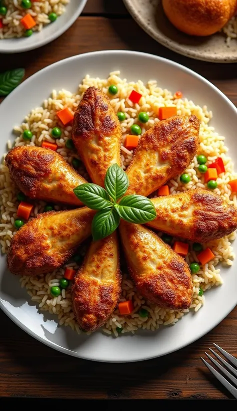 A realistic overhead view of a beautifully arranged plate of arroz à grega, with colorful diced vegetables like carrots, peas, and red peppers evenly mixed into the fluffy rice. On the plate, there are six large, golden-brown roasted chicken breast pieces,...