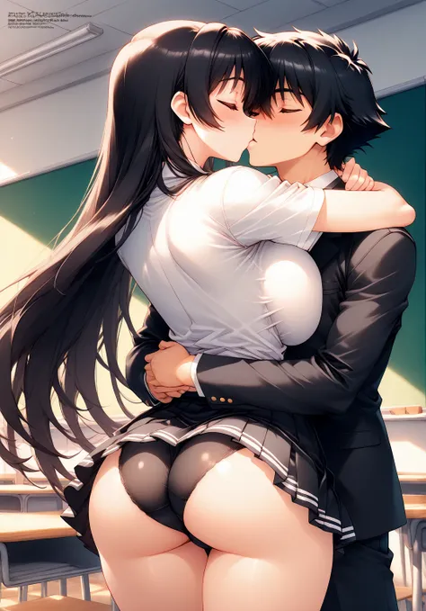  NSFW,  The Best Quality ,  source _anime,  Masterpiece, Big haired white anime woman with big ass hugging and kissing an anime boy with black hair and black clothes in the classroom at dusk