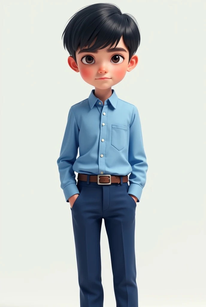 Short black haired boy with blue dress shirt and blue pants 